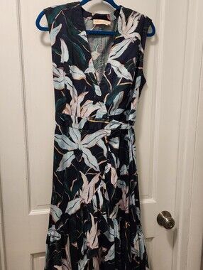 Tory Burch Navy Hi Low Dress with Light Blue and Blush Lily And Leaf Print